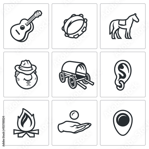 Vector Set of Gypsy Camp Icons. Guitar, Tambourine, Horse, Romany, Dray, Ring Ear, Bonfire, Beggar, Nomad.