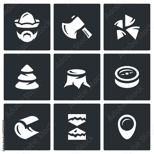 Vector Set of Firewood in the forest Icons. Woodcutter, Tool, Stack, Timber, Stump, Direction, Cutting, Felling, Plot.
