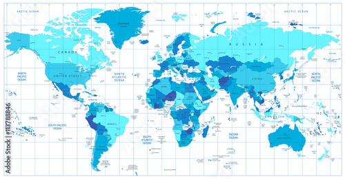 Detailed World Map in colors of blue