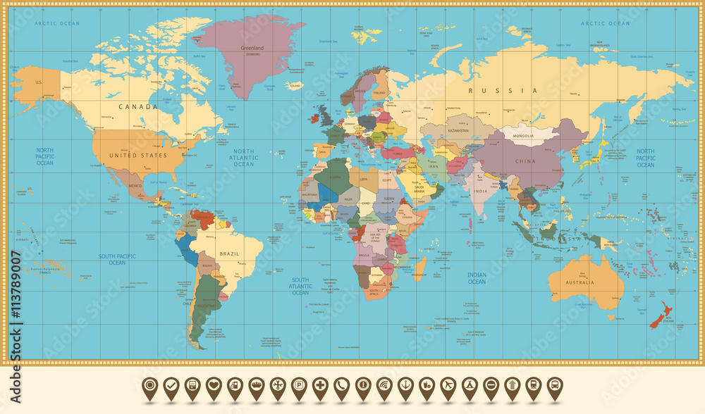 Fototapeta premium Polityczna mapa świata w kolorze retro i wskaźniki na mapie