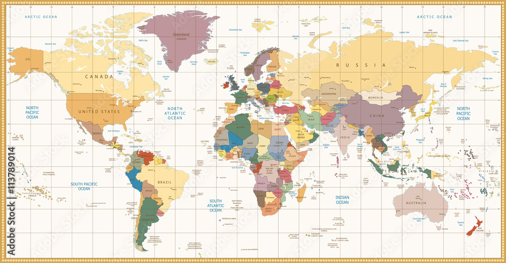 Vintage color political World Map Stock Vector | Adobe Stock