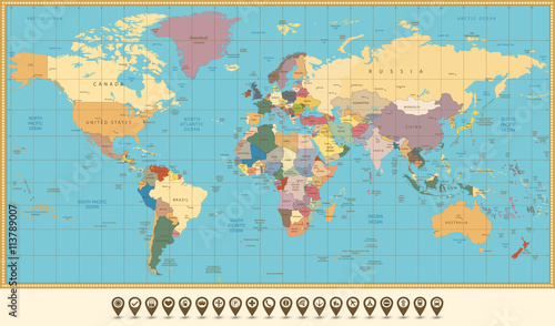 Retro color political World Map and map pointers