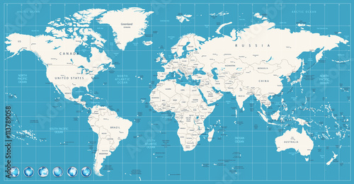 Fototapeta Naklejka Na Ścianę i Meble -  World map navy blue colors and glossy style globes