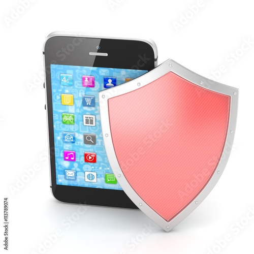 Free Download Smartphone and shield on white, security concept. 3d rendering. - GFXLoad