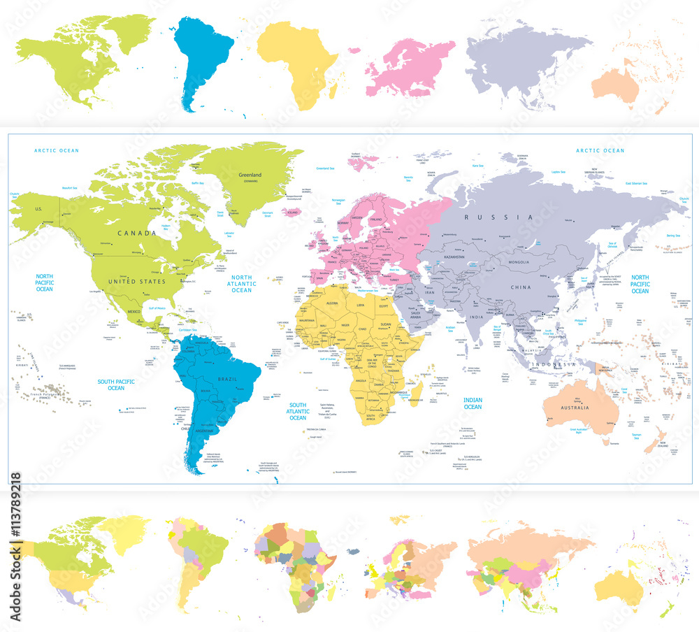 Fototapeta Mapa świata z kontynentami w różnych kolorach na białym tle