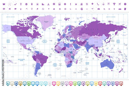 World Map Violet colors and flat navigation icon set