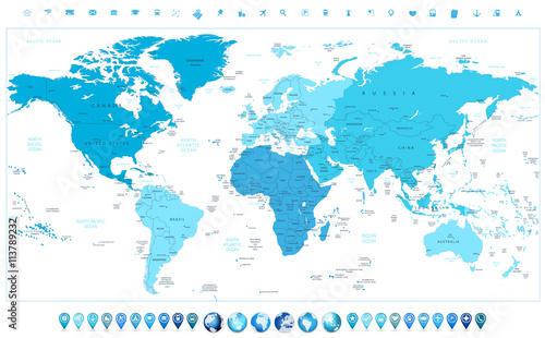 World map continents in colors of blue and glossy globes with ma