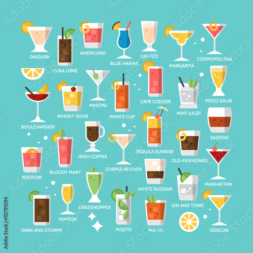 Cocktail alcohol mixed drink icons for menu, web and graphic des
