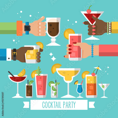 Cocktail alcohol party concept for web and graphic design. Hands
