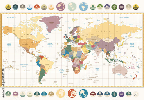 Vintage color political World Map with round flat icons and glob