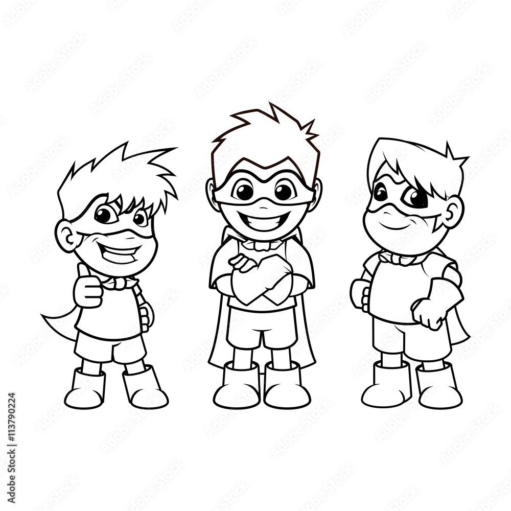 Kid Super Heroes Cartoon Character Outline Version Vector Illustration  Stock Vector | Adobe Stock