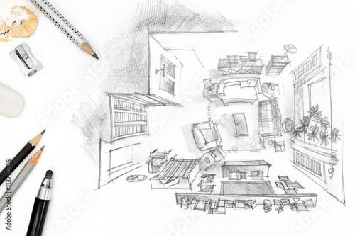 designers workplace with graphical sketch of living room