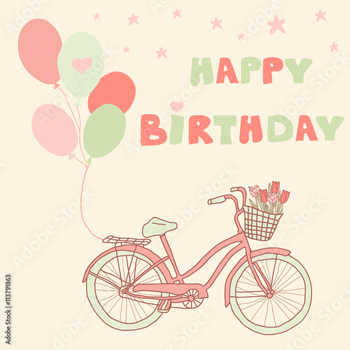 Happy Birthday greeting card with bicycle, balloons and basket with flowers