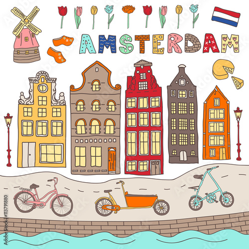 Set of hand drawn vector doodles of Amsterdam, Netherlands