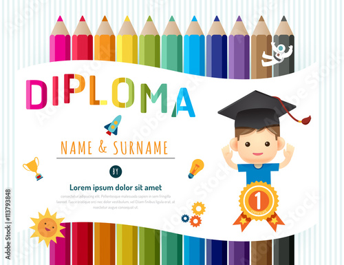 Certificate kids diploma, kindergarten template layout pencil 