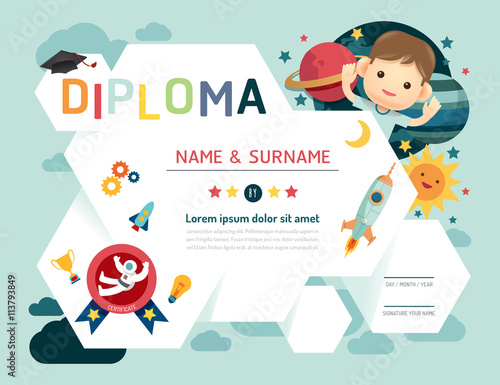 Certificate kids diploma, kindergarten template layout space 
