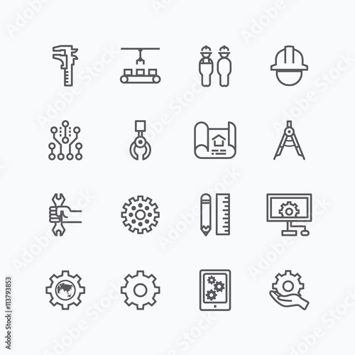 Engineering and manufacture silhouette icons set flat thin line
