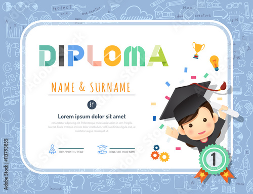 Certificate kids diploma, kindergarten template layout doodle 