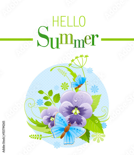Summer icon with nature elements - viola flower, green grass, leafs, butterfly on blue background