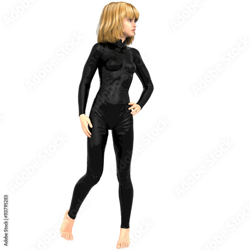 one teenage girl in a black super suit. Poses looking to the right