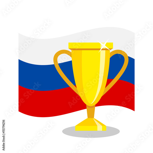 Golden cup with russian flag on white background. Concept of championship, league, team sport. Concept of prize, leadership, winning and success. Winner award.