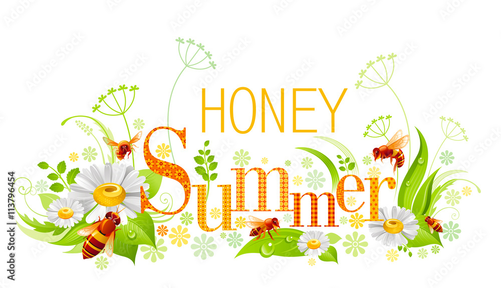 Summer natural background design with beautiful swirls, leafs, daisy flowers, bees and text Honey Summer with textured letters on white background. Vector illustration for any summer event.