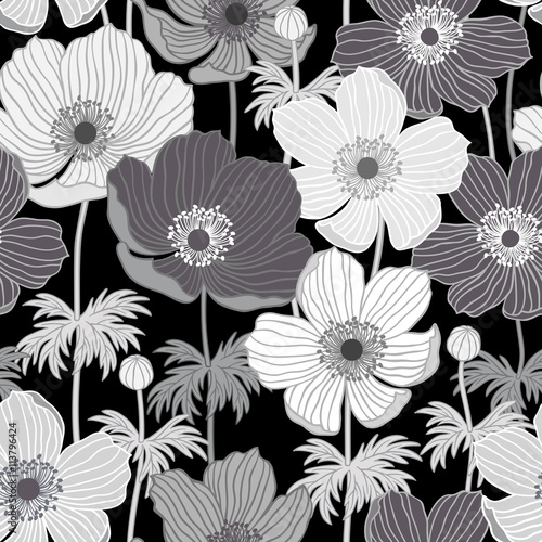 Fototapeta Naklejka Na Ścianę i Meble -  seamless floral pattern with anemone in monochrome