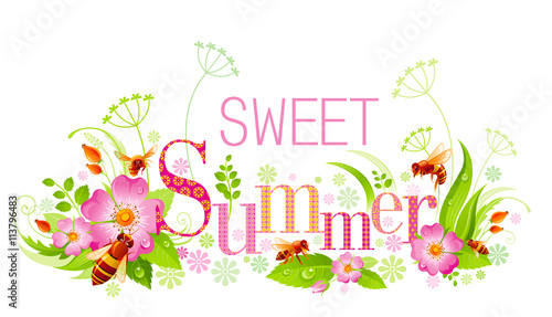 Summer natural background design with beautiful swirls, leafs, rose flowers, bees and text Sweet Summer with textured letters on white background. Vector illustration for any summer event.