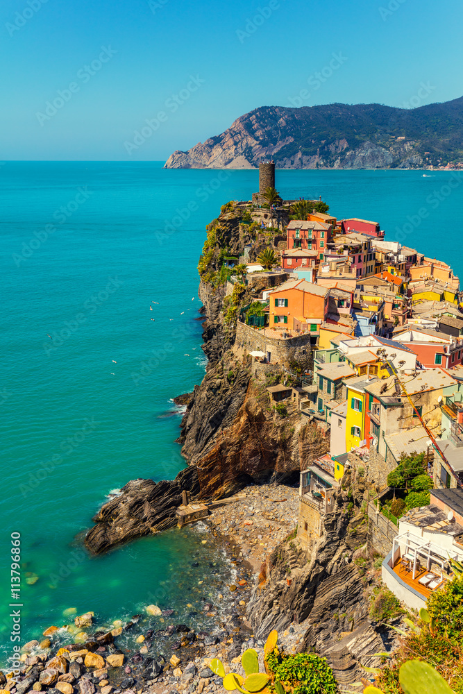 Rocky sea coast. Ligurian sea, view at Manarolla Village, Cinqe Terre, Italy