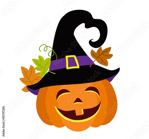 Funny halloween pumpkin with witches hat vector illustration.