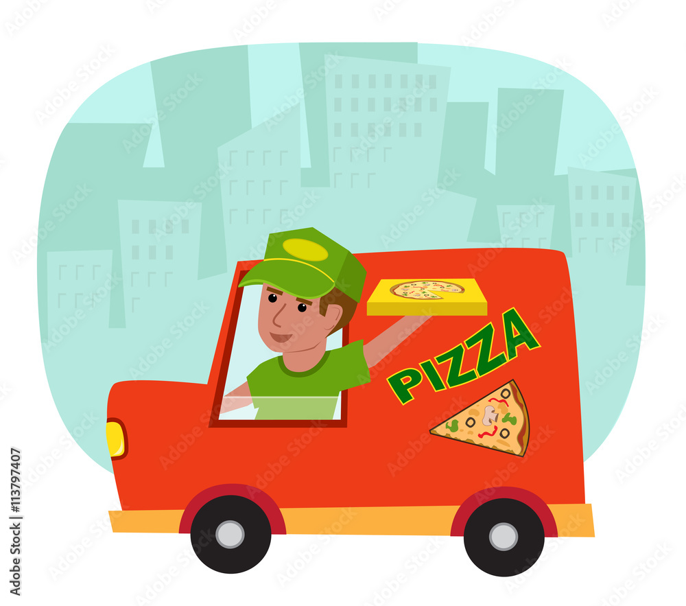 Pizza Delivery - Pizza delivery truck with pizza delivery guy and a silhouette of a city in the background. Eps10 Pizza Delivery - Pizza delivery truck with pizza delivery guy and a silhouette of a city in the background. Eps10