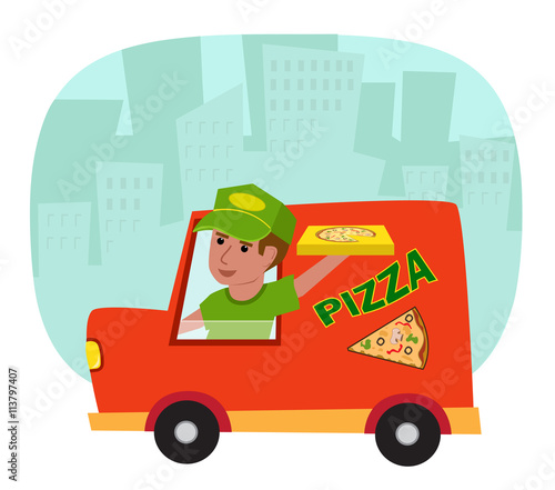 Pizza Delivery - Pizza delivery truck with pizza delivery guy and a silhouette of a city in the background. Eps10