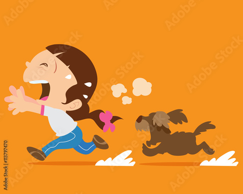 cute girl running away from angry dog