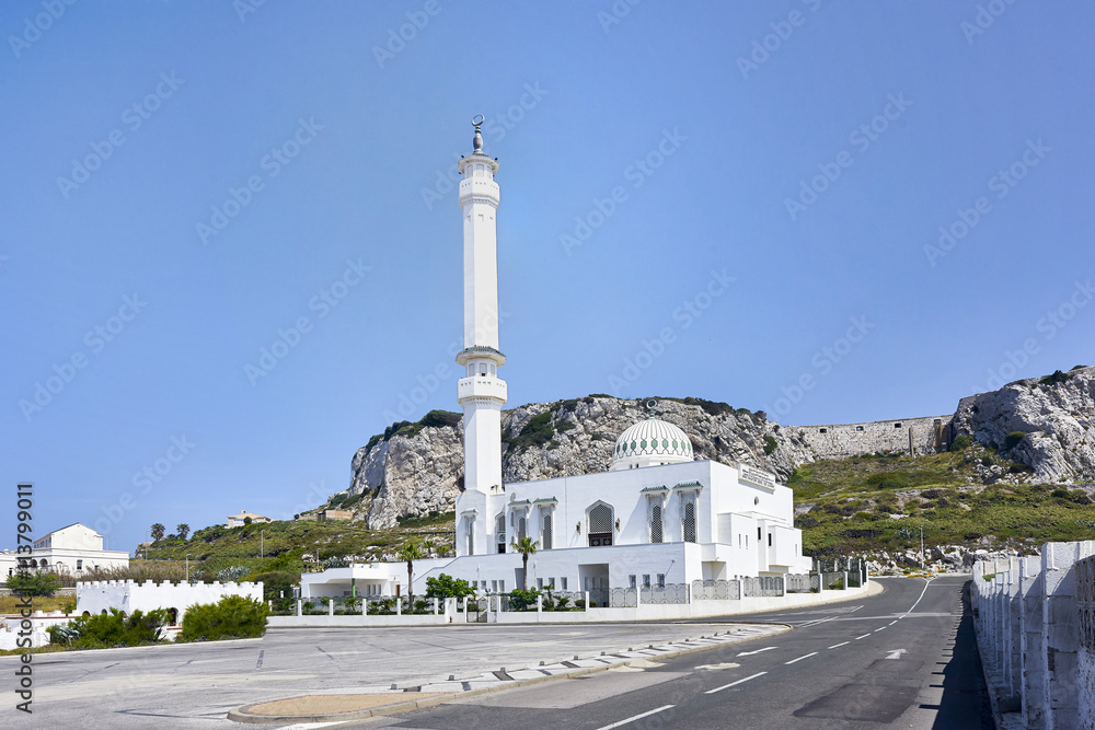 King Fahad Bin Abdul Aziz Al Saud Mosque with view towards the Mediterranean Sea, Gibraltar, United Kingdom, Western Europe.
