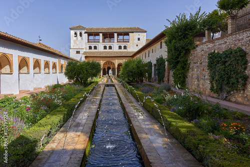 Generalife gardens near Alhambra complex, Granada, Andalucia, Spain, one of the most beautiful in the world and is a Unesco heritage. Alahambra