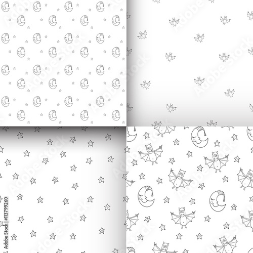 Set of seamless halloween pattern with cartoon characters