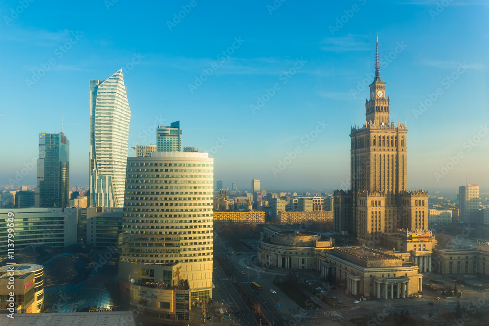 Naklejka premium Warsaw city center skyline with skyscrapers, Warsaw, Poland