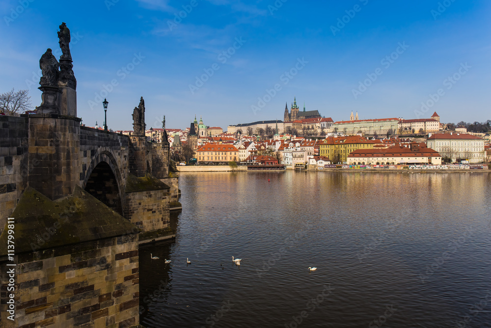 Prague castle and Charles bridge with Vltava river, Prague, Czech Republic