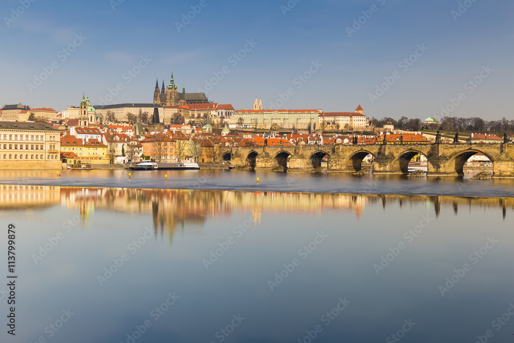 Prague castle and Charles bridge with Vltava river, Prague, Czech Republic