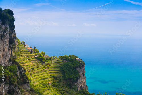 Beautiful views from path of the gods with lemon tree fields, Amalfi coast, Campagnia region, Italy