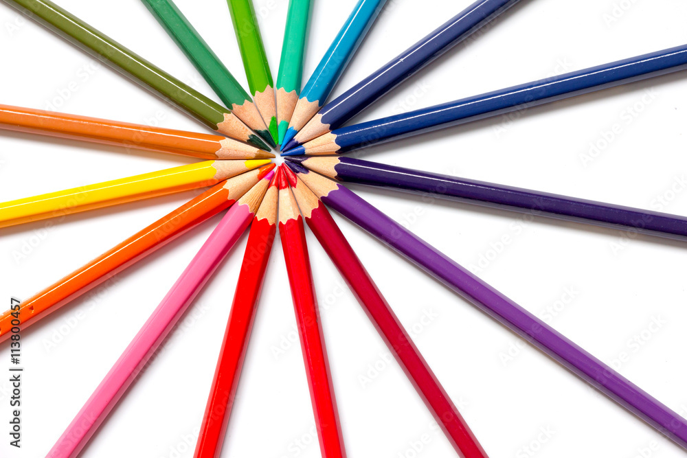 Color pencil placed as sun burst on white background Color pencil placed as sun burst on white background