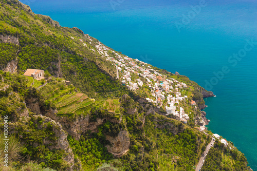 Beautiful views on Praiano town from path of the gods  Amalfi coast  Campagnia region  Italy