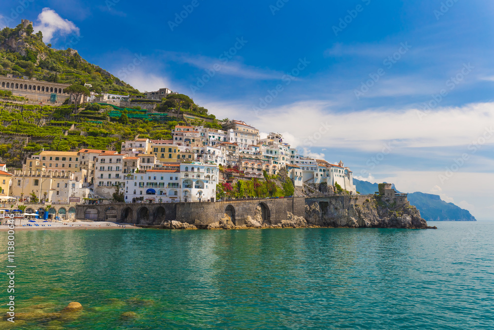 Beautiful town of Amalfi, nice contrasty sky, Amalfi coast, Campania, Italy