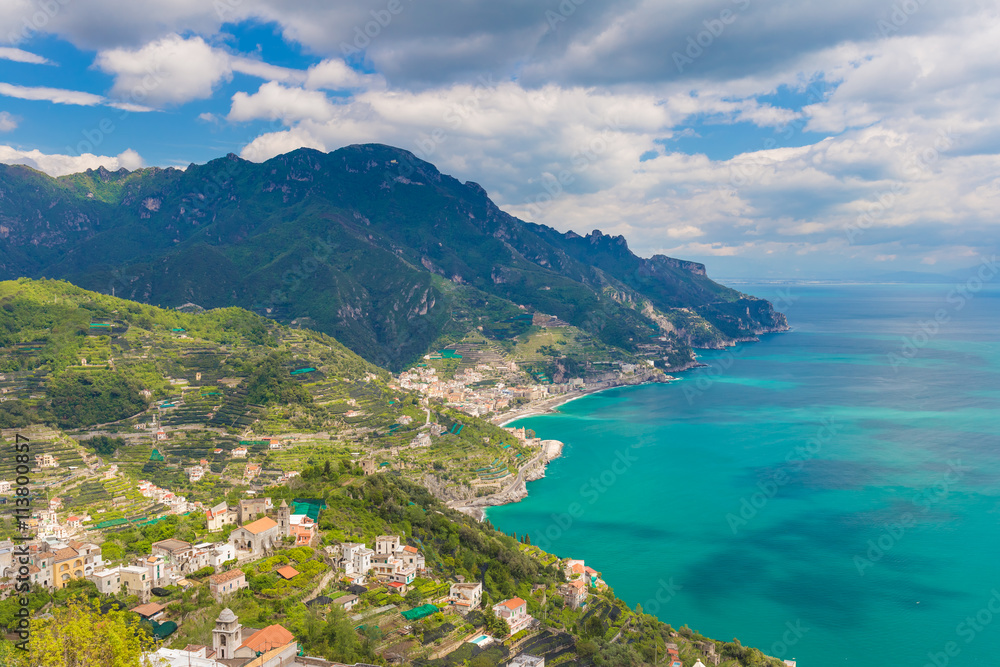 Amazing view of Amalfi coast and town of Maiori from Ravello village, Campania region, South of Italy