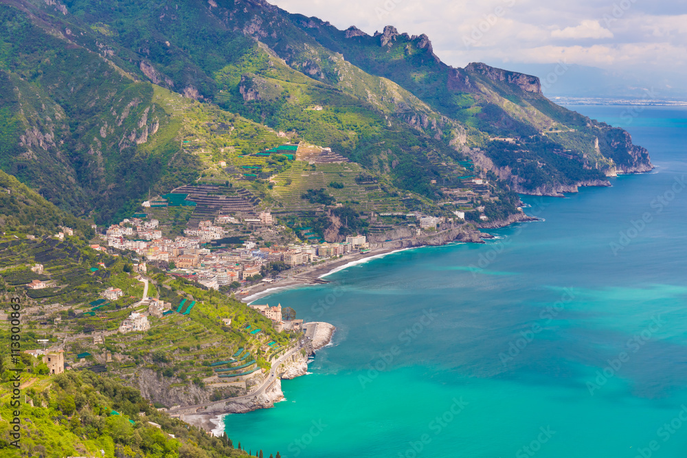 Amazing view of Amalfi coast and town of Maiori from Ravello village, Campania region, South of Italy