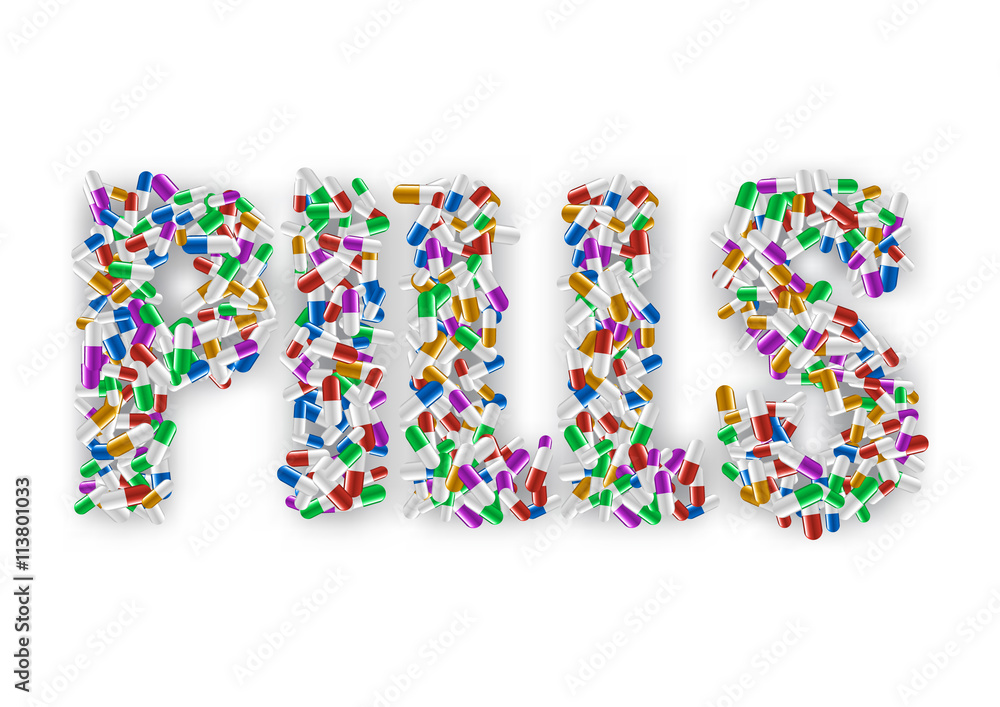 Lettering many colorful pills isolated on white background. Backdrop shadow created with gradient mesh. Lettering many colorful pills isolated on white background. Backdrop shadow created with gradient mesh.
