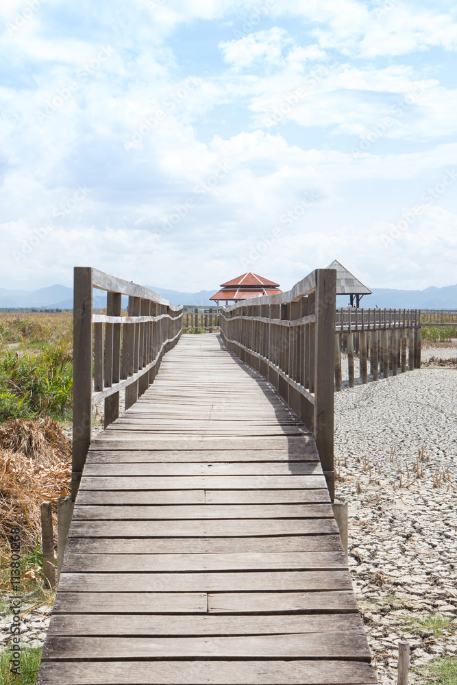 perspective wooden bridge with dry earth and cracked ground texture, broken split land with soil background