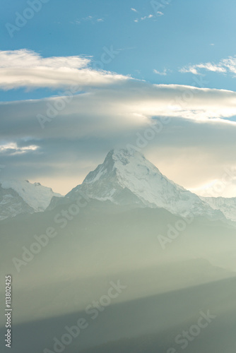 Annapurna mountain range view from Poon Hill, Nepal with the morning sunrise.