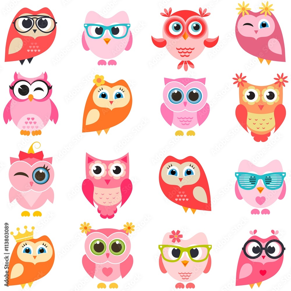 set of red and pink owls