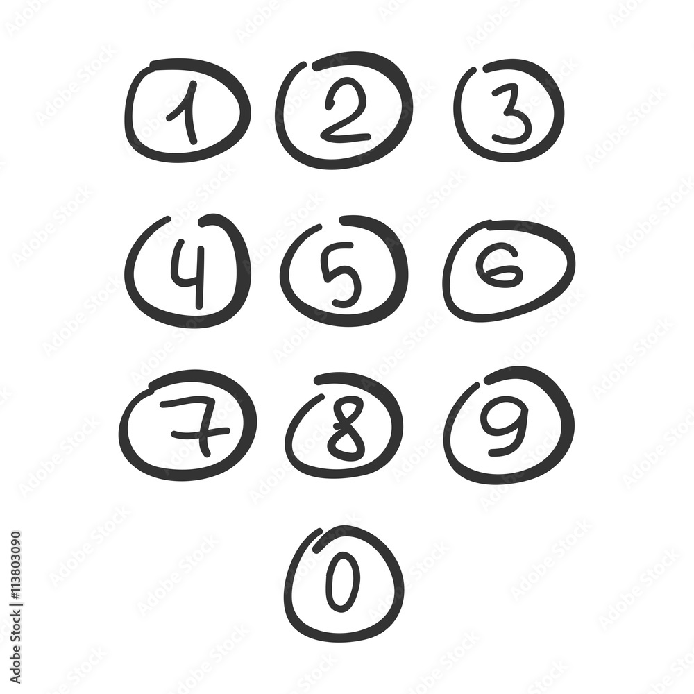 Scribble Circle Font Hand Drawn Numbers Black Isolated